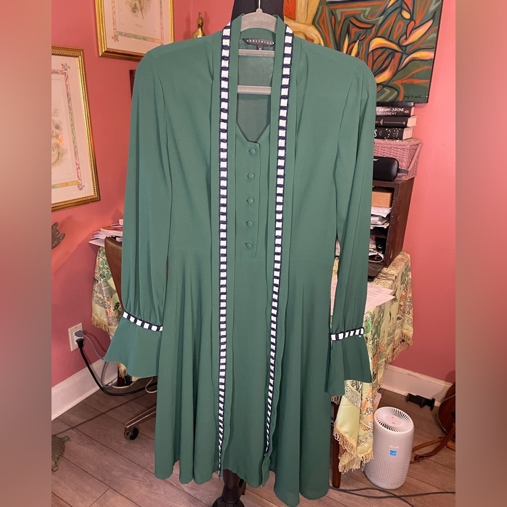 Abbey Glass forest green A Line Fit & Flare Dress long textured neck tie XS $300